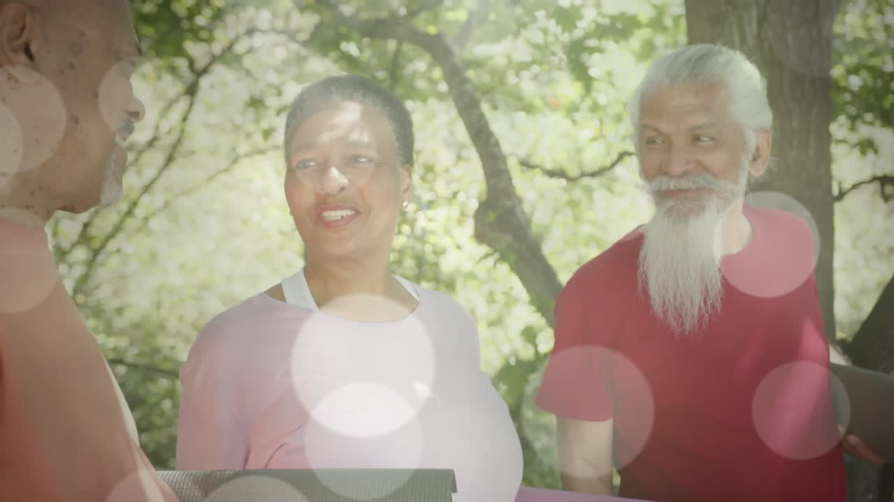 정원에서 이야기하는 다양한 노인들에 대한 빛의 반점과 나무의 애니메이션