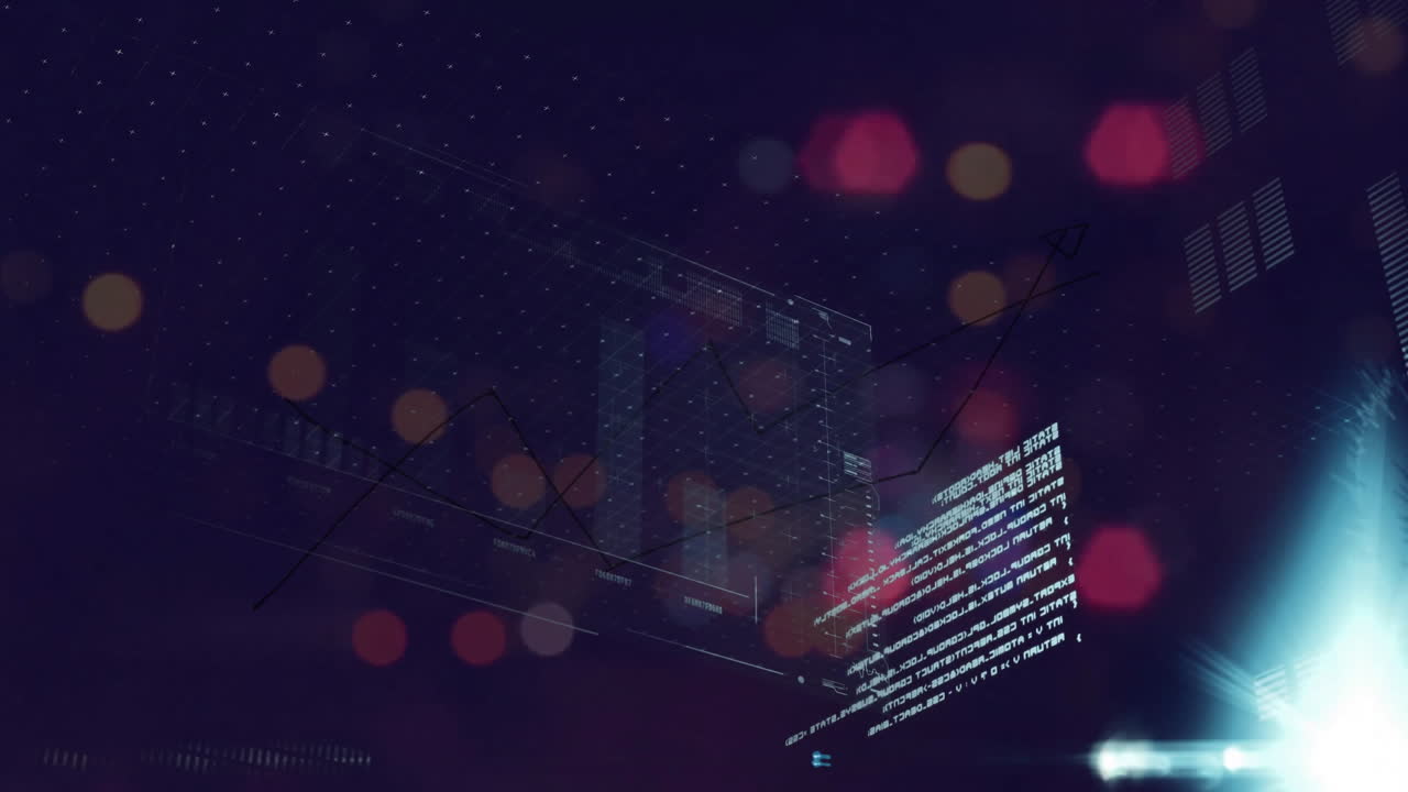 Animazione di elaborazione dati e grafico su schermo di interfaccia su strada cittadina notturna con effetto bokeh