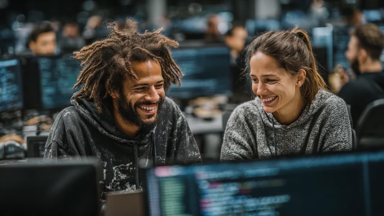 Two Colleagues Laughing Together in a Modern Tech Workspace, Engaged in Conversation and Enjoying Each Other's Company While Surrounded by Computer Screens