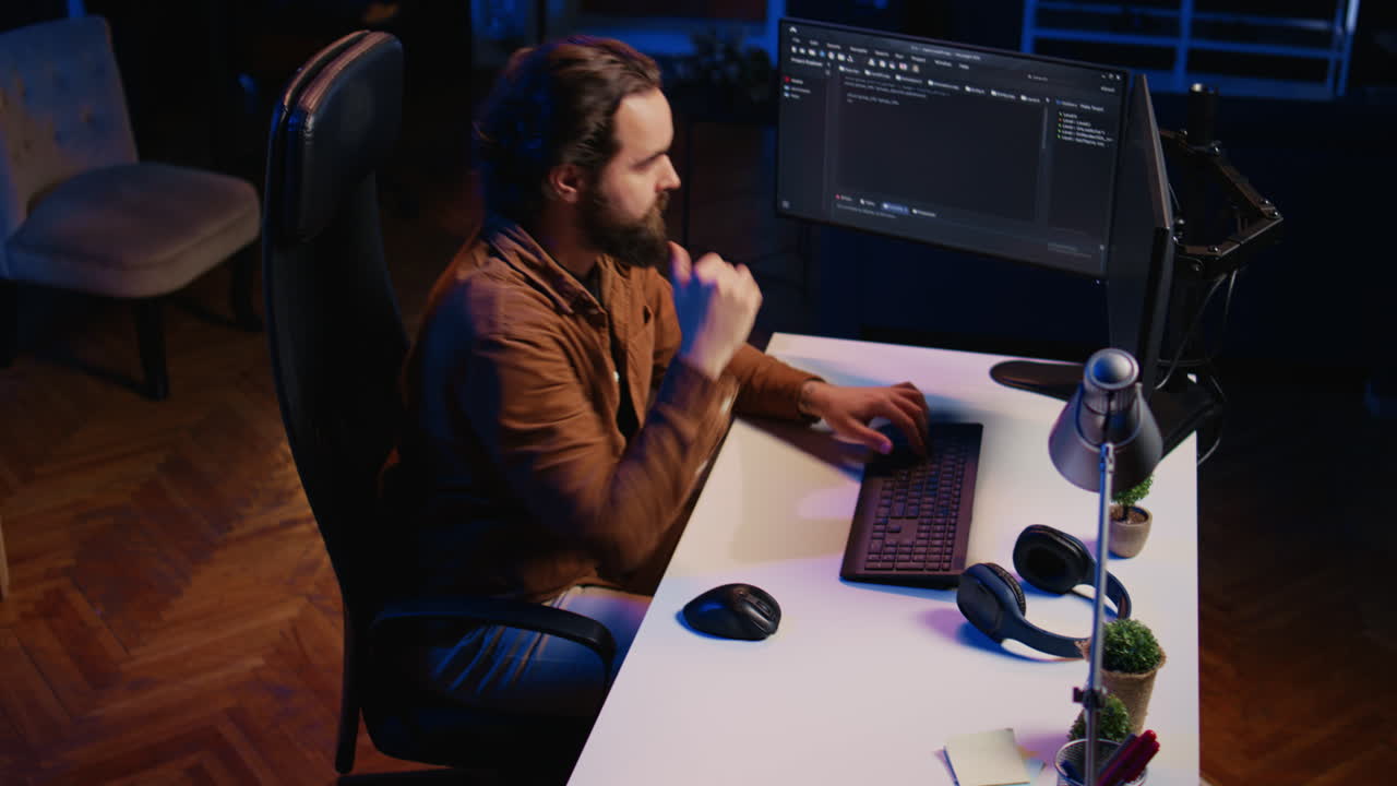 Computer engineer deliberating ways of fixing errors while developing code