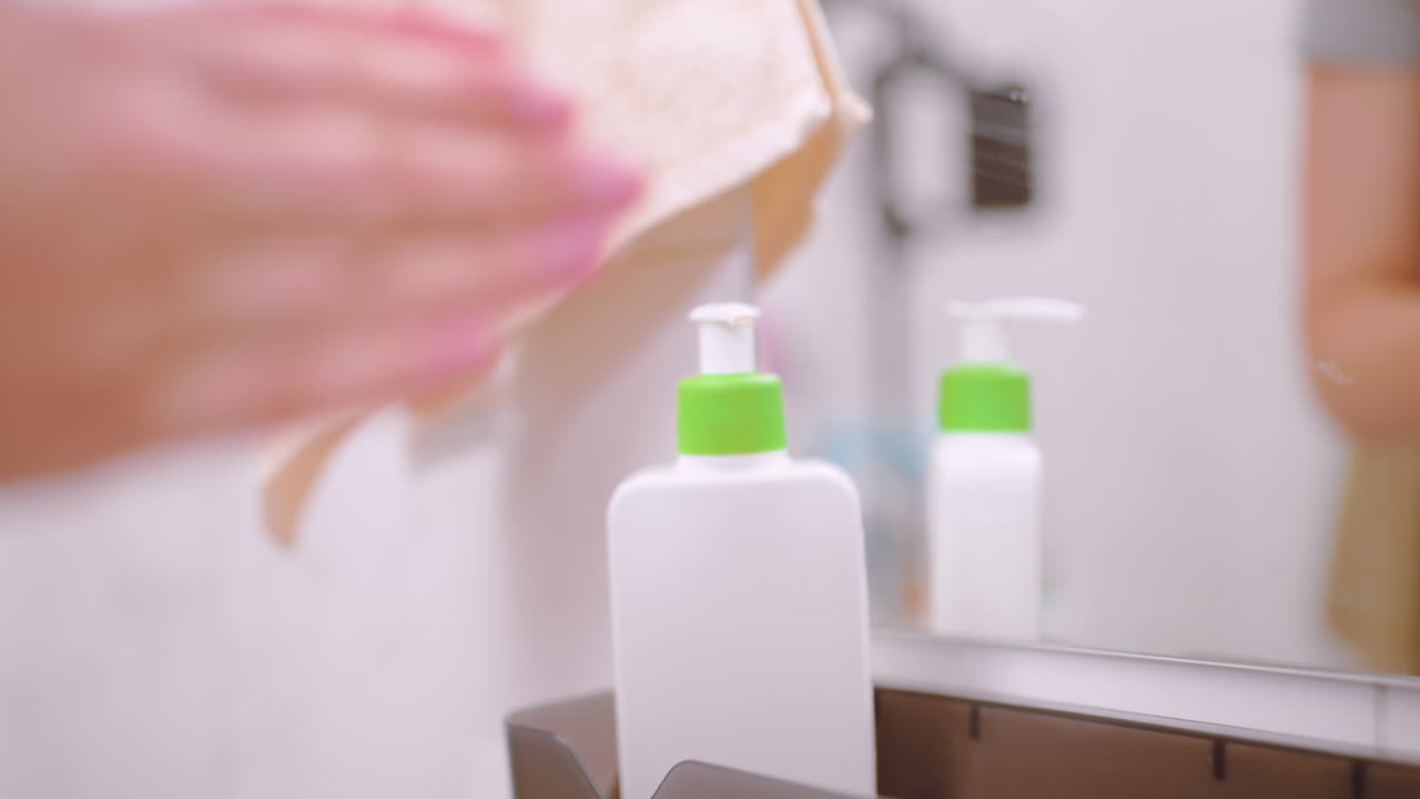 Close up hands pressing cream dispenser applying lotion on palm in bathroom, daily skincare self care and hygiene routine symbolizing healthy lifestyle, moisturizing ritual and beauty preparation