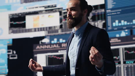 visionary business ceo speaking at international convention for finance