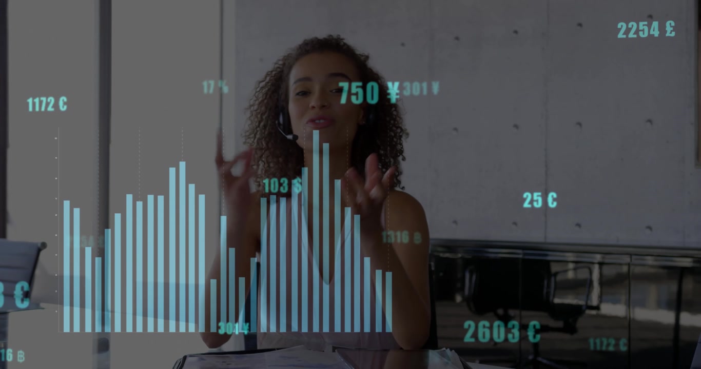 Animazione dell'elaborazione di dati finanziari su una donna d'affari in ufficio