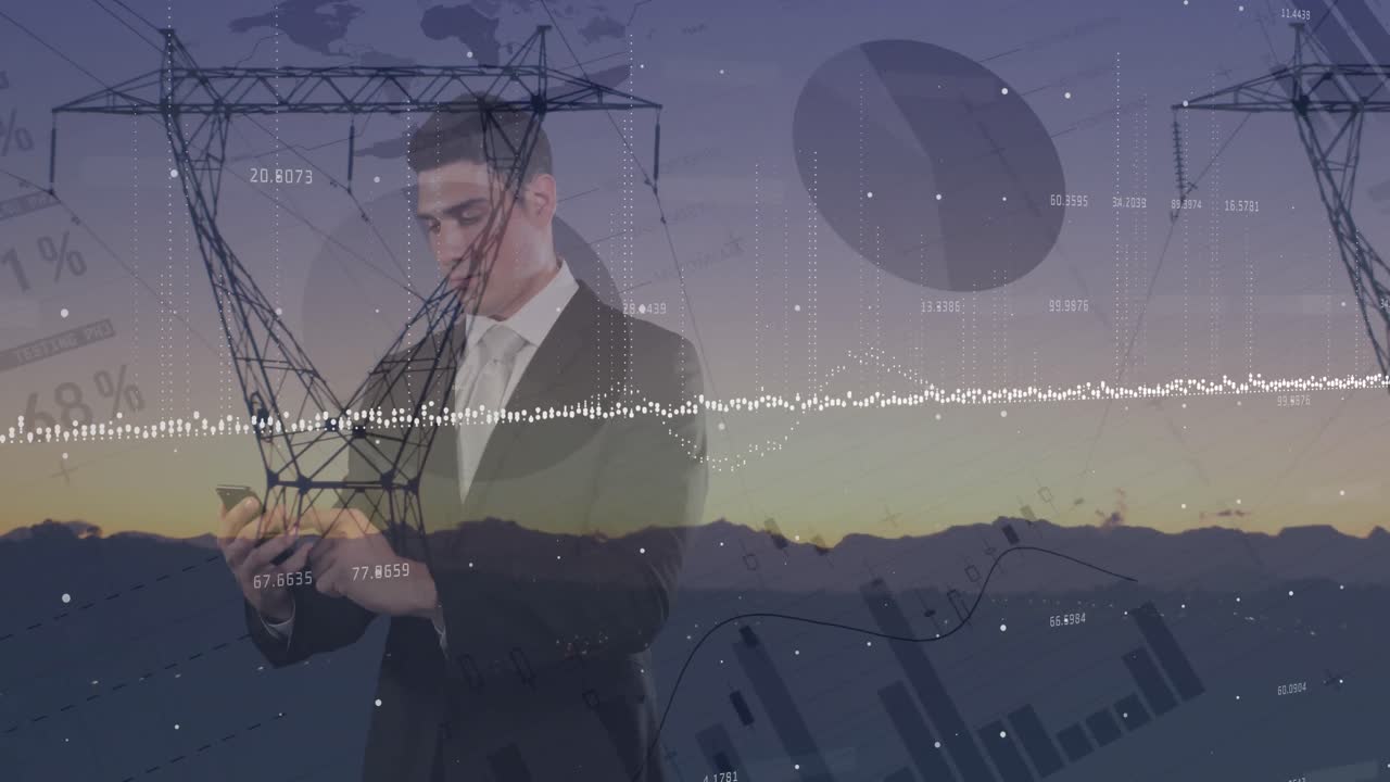 animación del procesamiento de datos financieros sobre un empresario caucásico que usa un teléfono inteligente