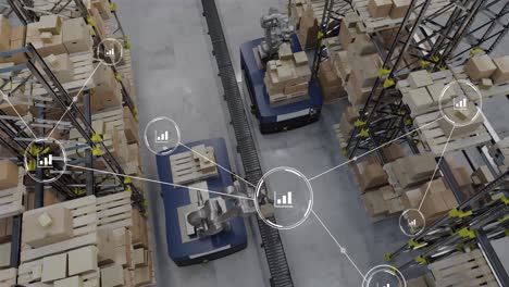 animation of network of conncetions with icons over robotic arms with boxes warehouse