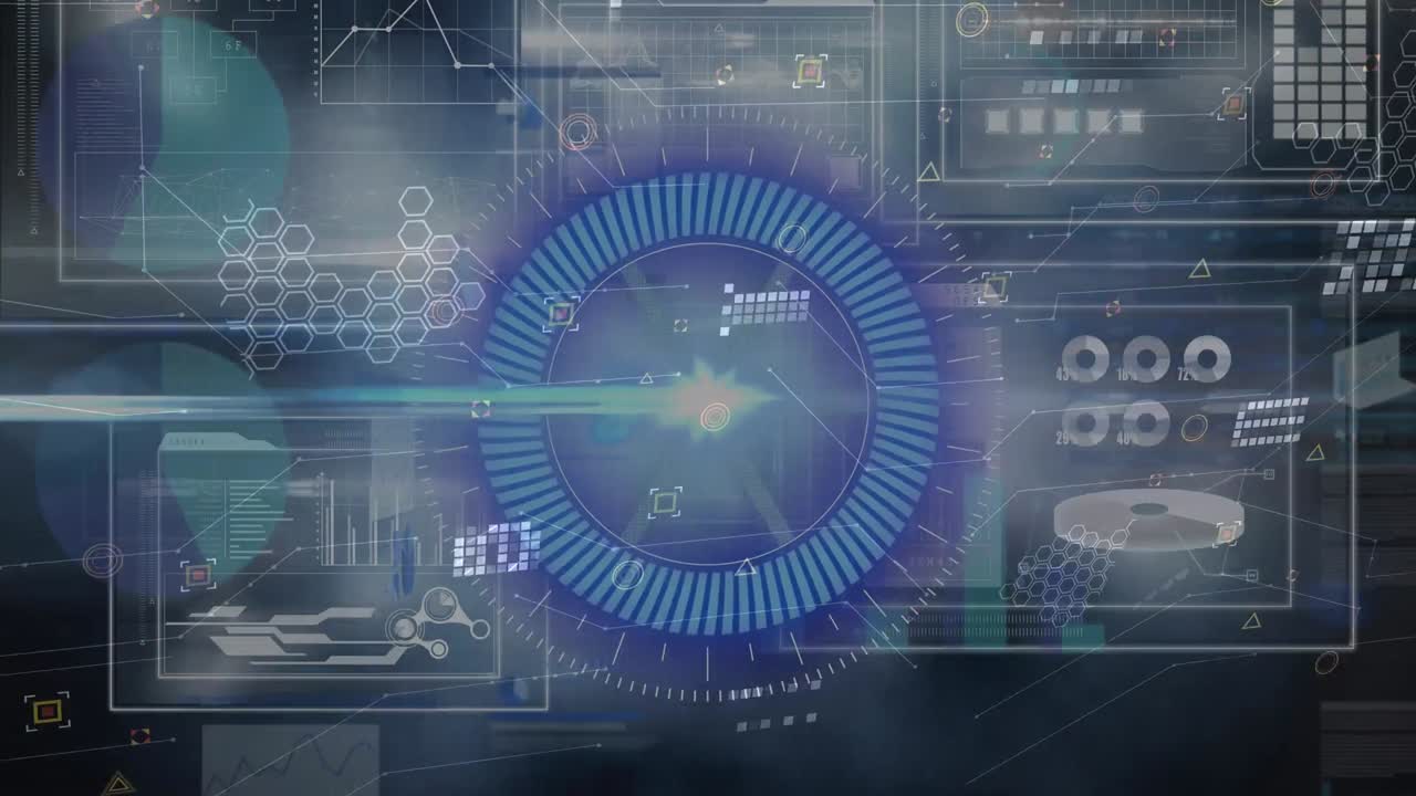 Animation of scope scanning over data processing on black background