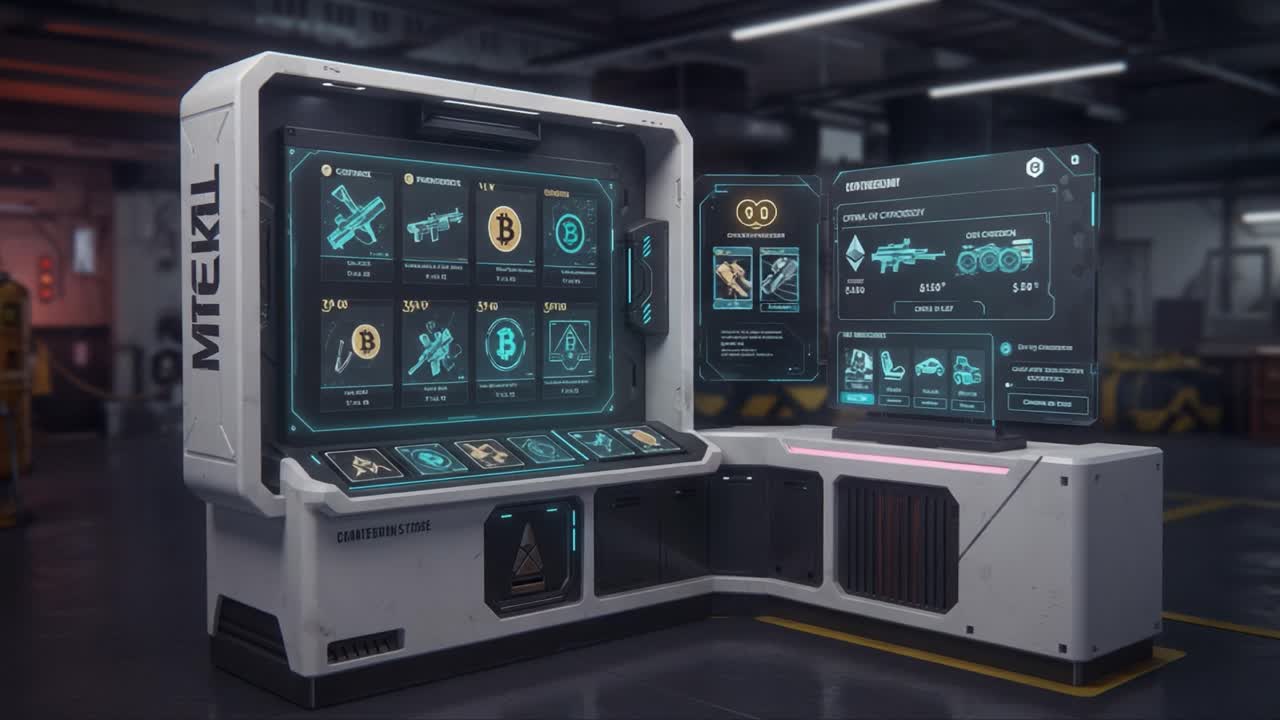 Futuristic Interface Displaying Weaponry and Crypto Currency Options in a High-Tech Environment with Dynamic Visualization and Interactive Features