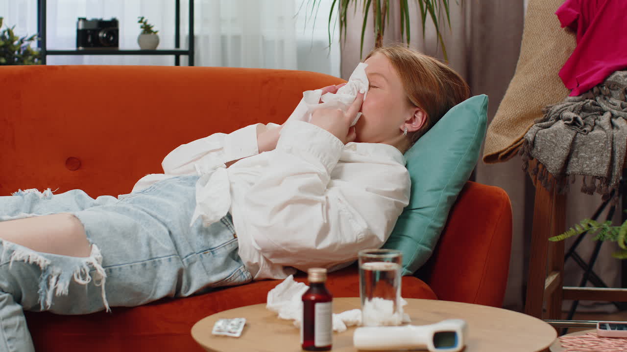 Sick ill teen girl suffering from cold or allergy lying on home sofa sneezes wipes snot into napkin