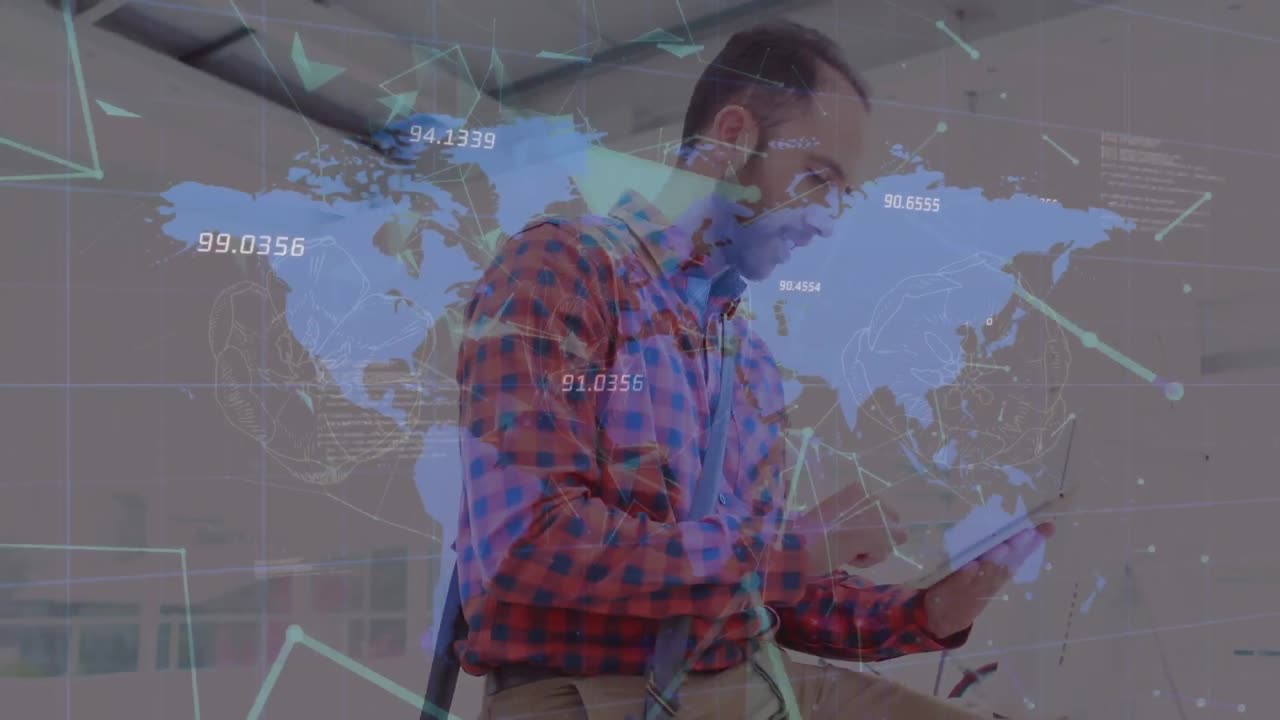 Animation of plexus networks over world map against biracial man using digital tablet at office