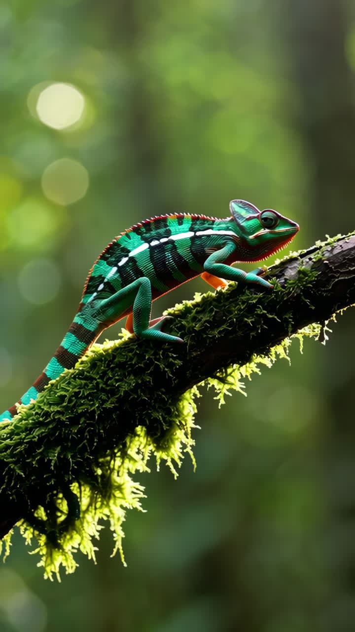 Chameleon on a Branch in a Lush Rainforest