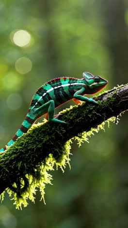 chameleon on a branch in a lush rainforest