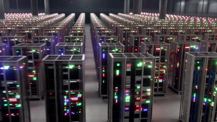 A High-Tech Data Center Showcasing Rows of Server Racks Drenched in Colorful LED Lights, Illustrating Modern Computing Infrastructure and Network Operations