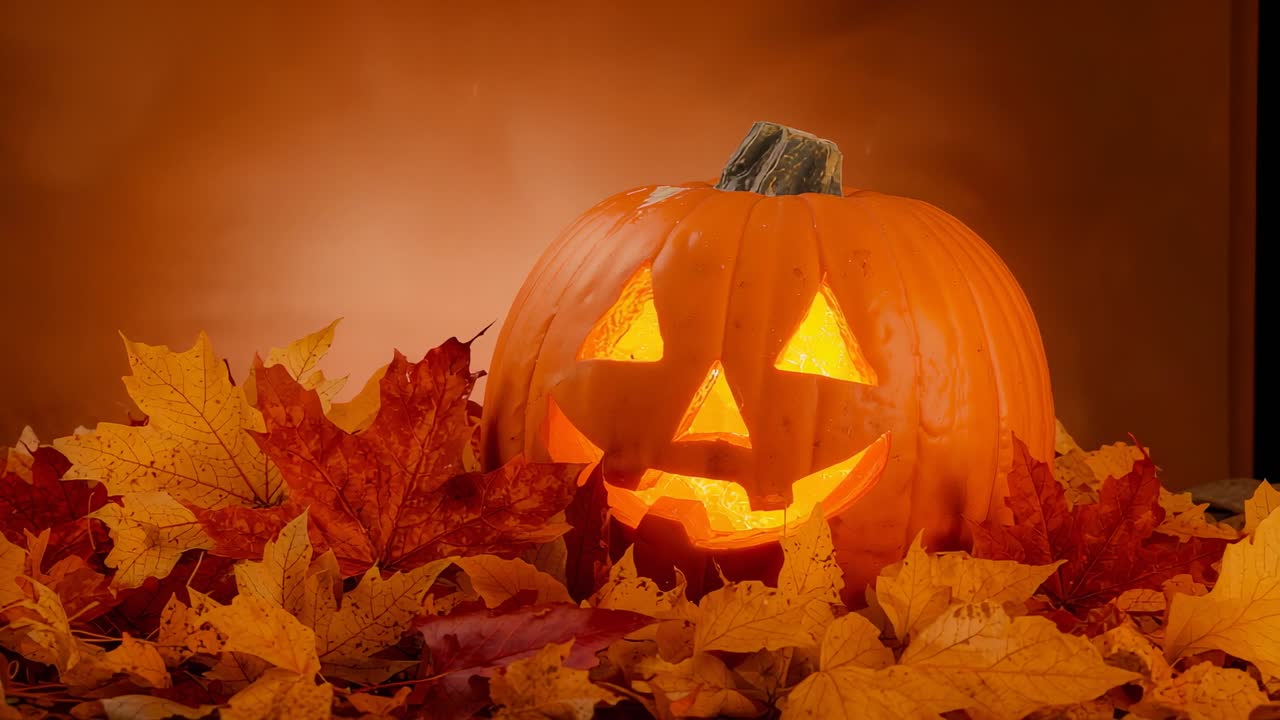 Flickering candle flame inside carved pumpkin, casting shifting light on tabletop, with fall leaves