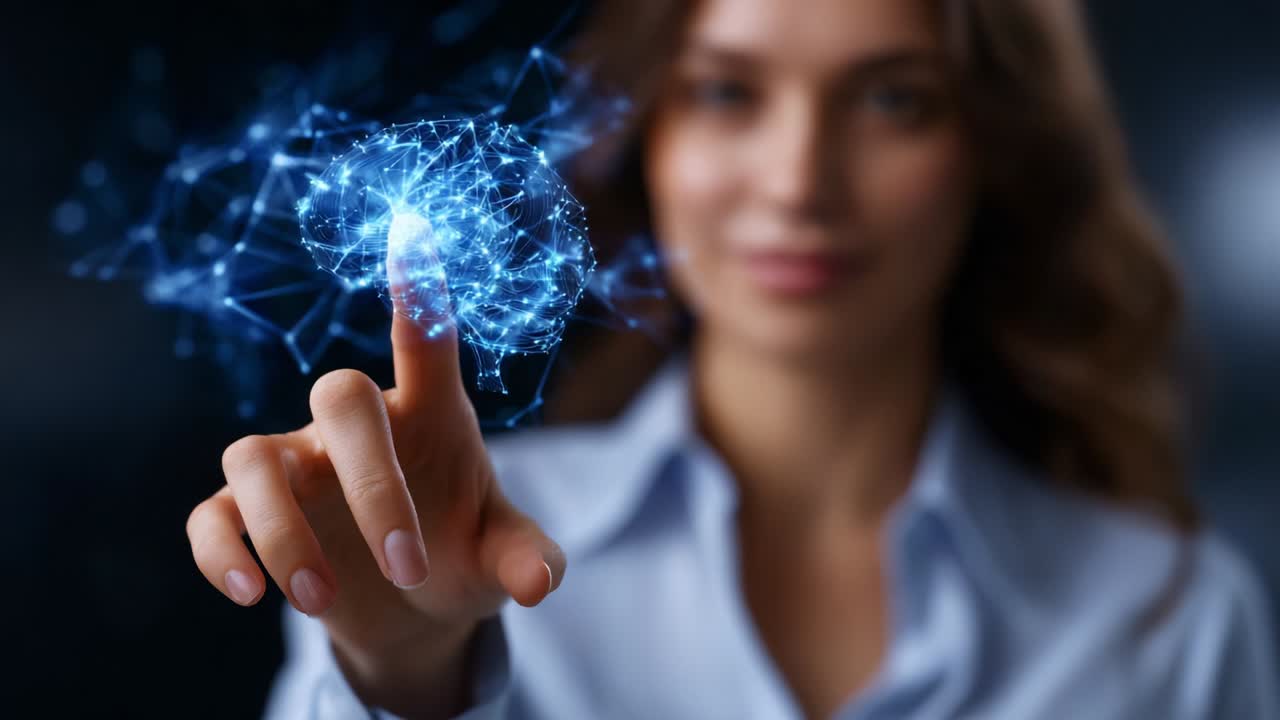 A woman interacts with a digital brain interface, showcasing the fusion of humanity and technology, as she touches a holographic representation of neural connections, emphasizing innovation and future possibilities
