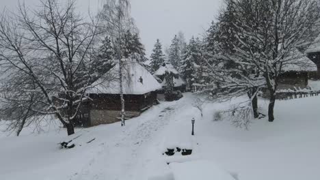 Flying-through-snow-near-trees-and-cabins-covered-with-snow