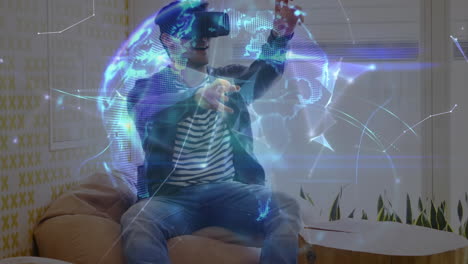 animation of network of connections over businessman wearing vr headsets