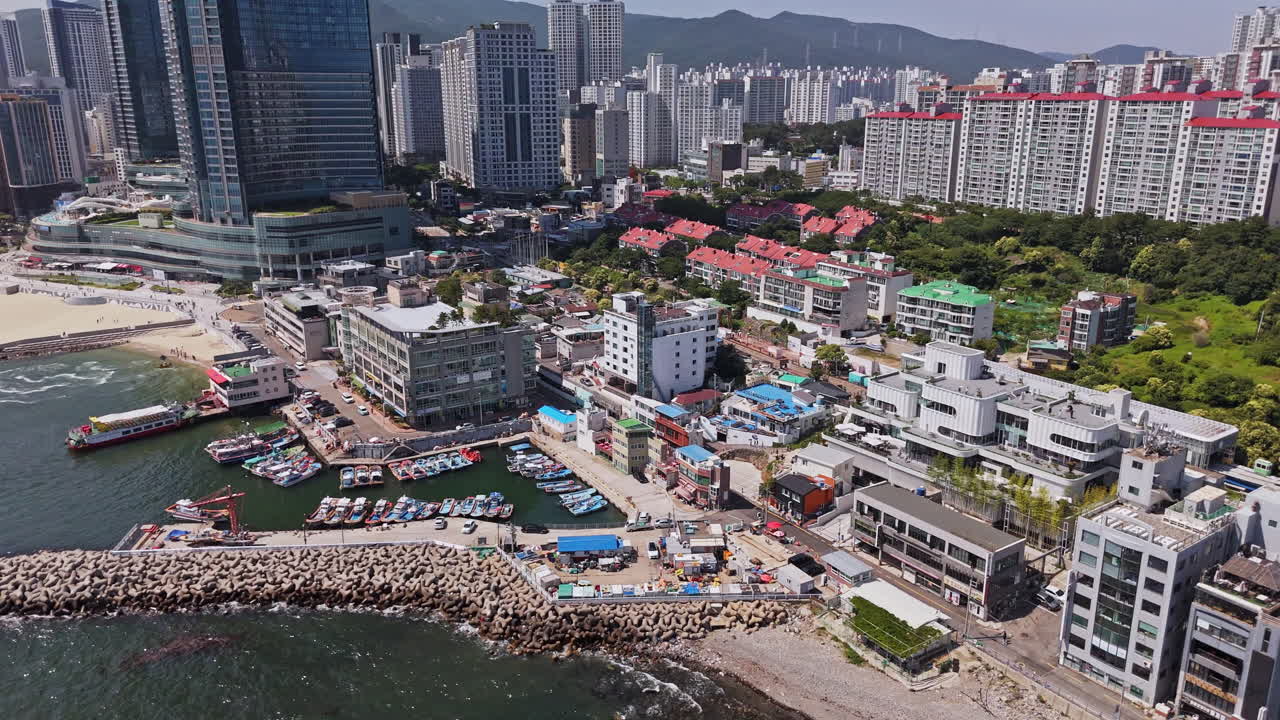 Aerial view of the Mipo Harbor and buildings in Haeundae, Busan, South Korea