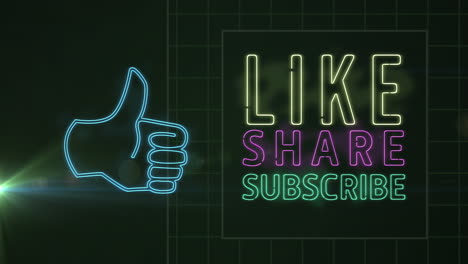 animación de las redes sociales pulgar hacia arriba icono y texto de neón sobre fondo oscuro