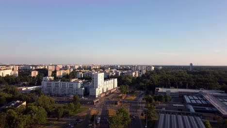 panorama of the city, white building from the sky view with tram station