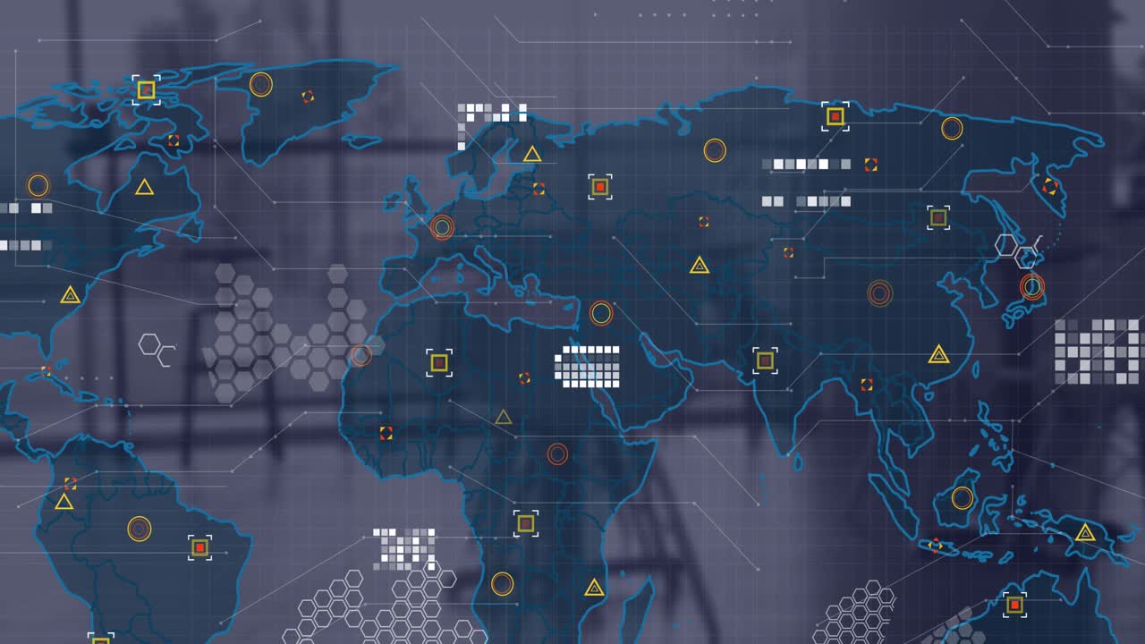 This is a digitally generated video of data processing over a world map on a transparent background