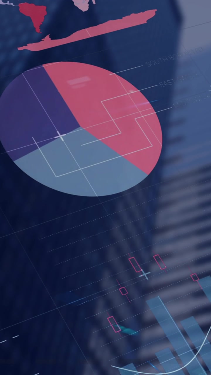 Animazione di interfaccia infografica multicolore su vista dal basso di edifici contro il cielo