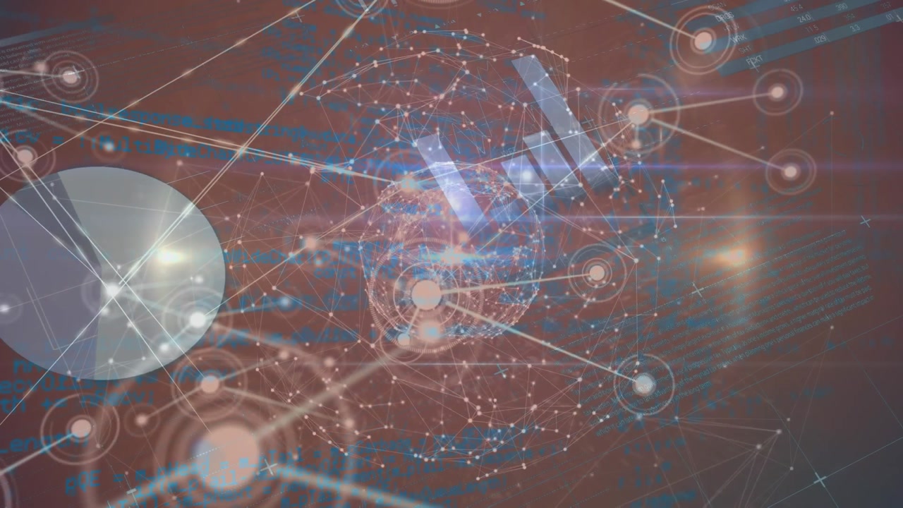 Animation of statistical data processing and globe of network of connections against grey background