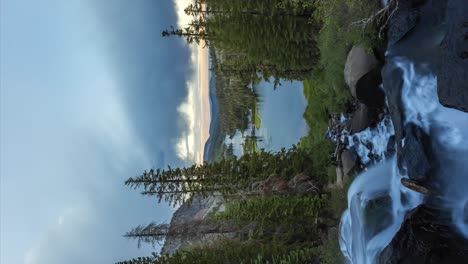vertical view of flowing water to the waterfalls in mammoth lakes, california