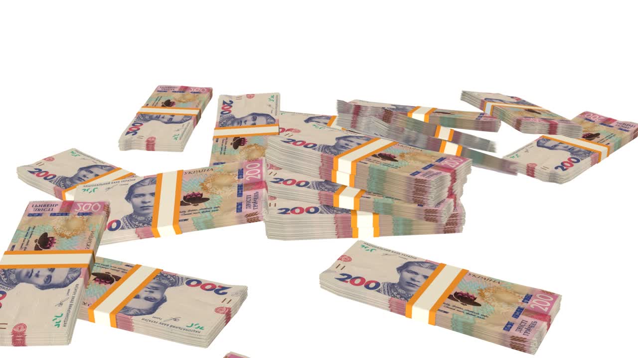 테이블 위에 떨어지는 많은 돈 어리, 200 우크라이나 그리브니아 지폐, 돈 더미.