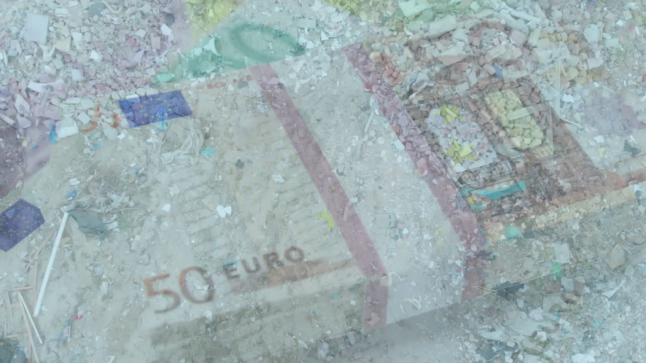 배경 에 있는 유로 지폐  ⁇ 어리 와 대비 되어 있는 쓰레기 매립장 의 위상 의 디지털 복합 영상
