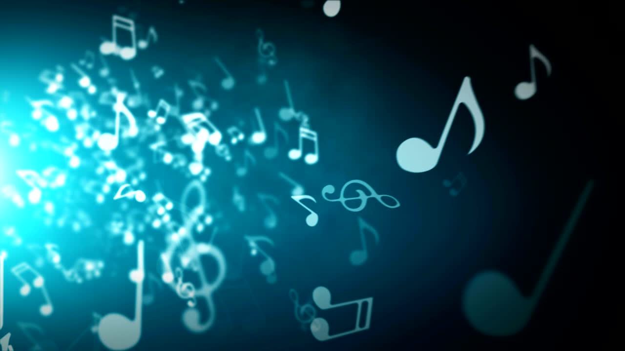 notas musicales flotantes en un fondo azul abstracto con llamaradas