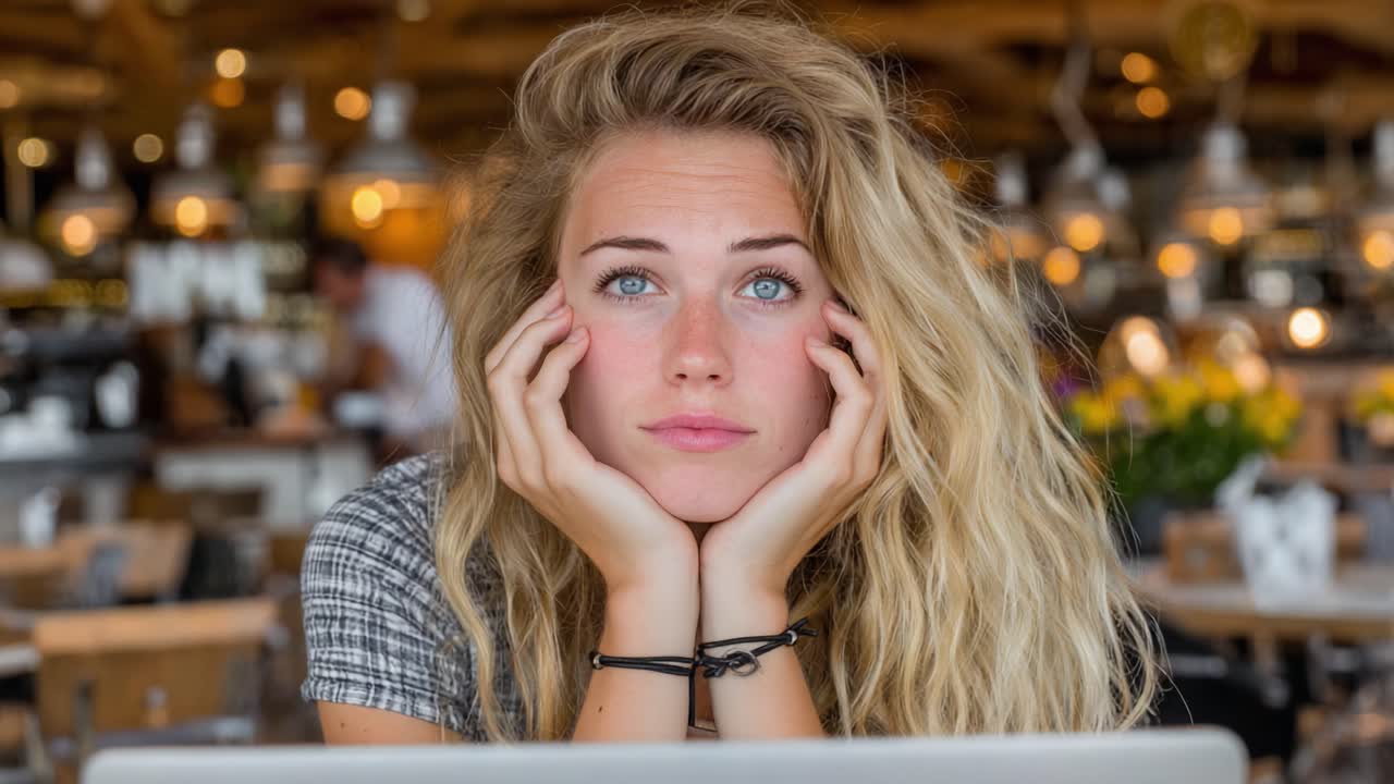Momento di riflessione: giovane donna pensierosa con capelli ricci, persa nei suoi pensieri in un accogliente bar, circondata da una luce soffusa e un’atmosfera rilassata