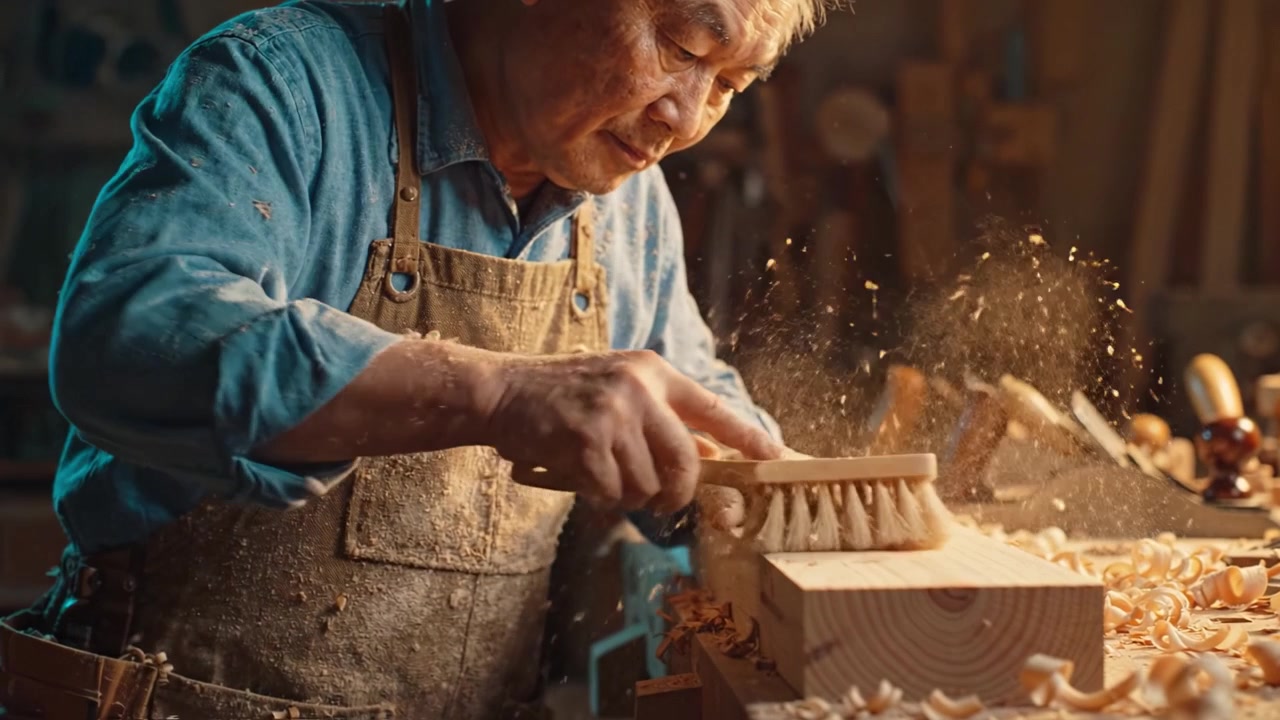 Master Woodworker Skillfully Shaping Wood with Traditional Tools and Techniques in a Workshop, Surrounded by Shavings and Craftsmanship Details