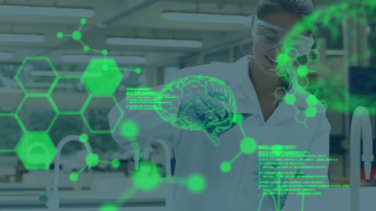 animación del procesamiento de datos científicos sobre una científica caucásica en el laboratorio