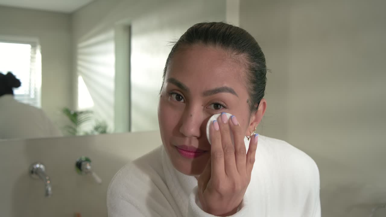 Mid adult Asian woman in bathrobe picking cotton pad at vanity gliding across face for cleansing