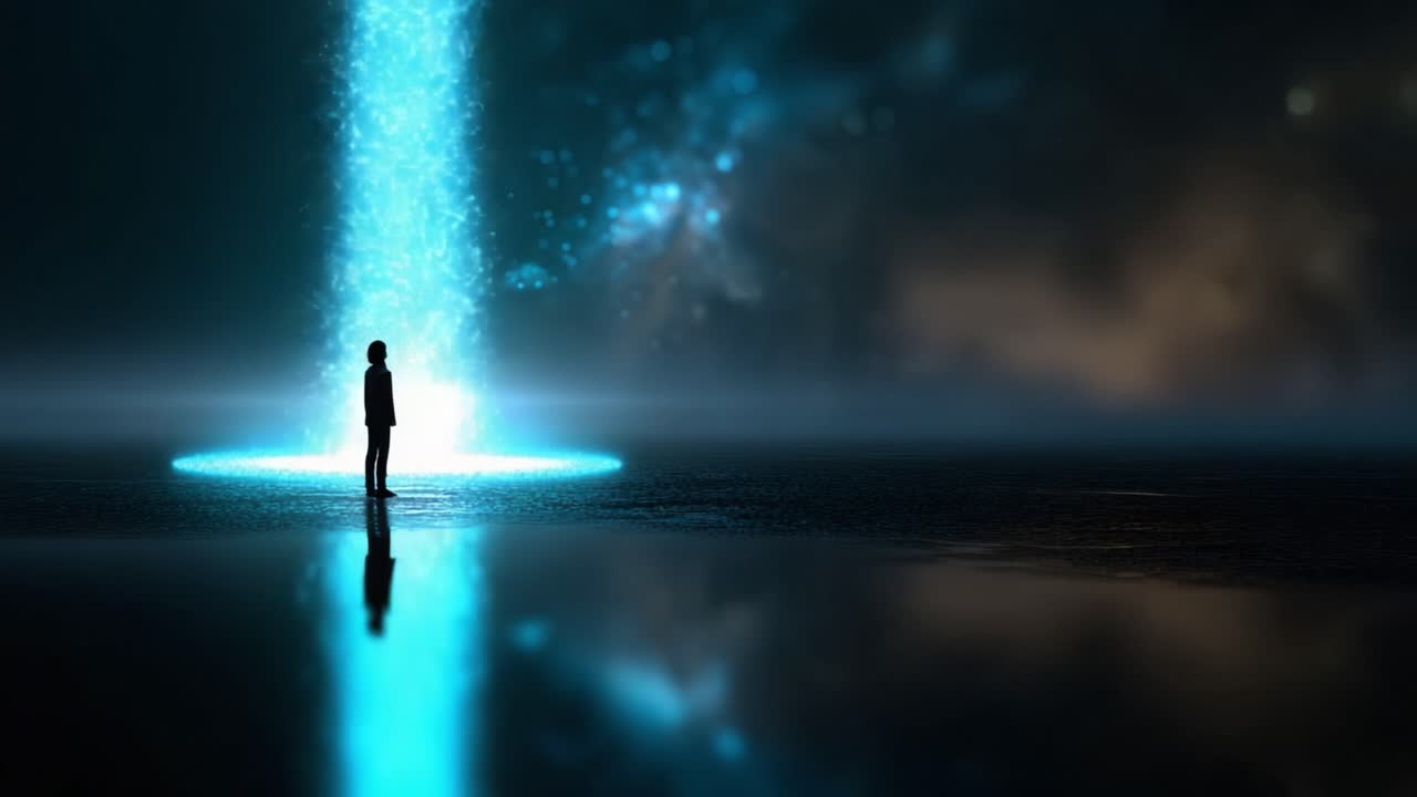A solitary figure stands in a surreal, ethereal environment, illuminated by a cascading stream of luminous particles amidst a mysterious cosmic backdrop