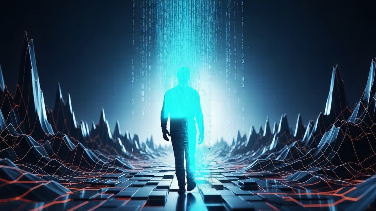 A Digital Journey: Exploring the Intersection of Technology and Humanity Through a Stunning Visual of a Human Silhouette in a Data-Driven Landscape