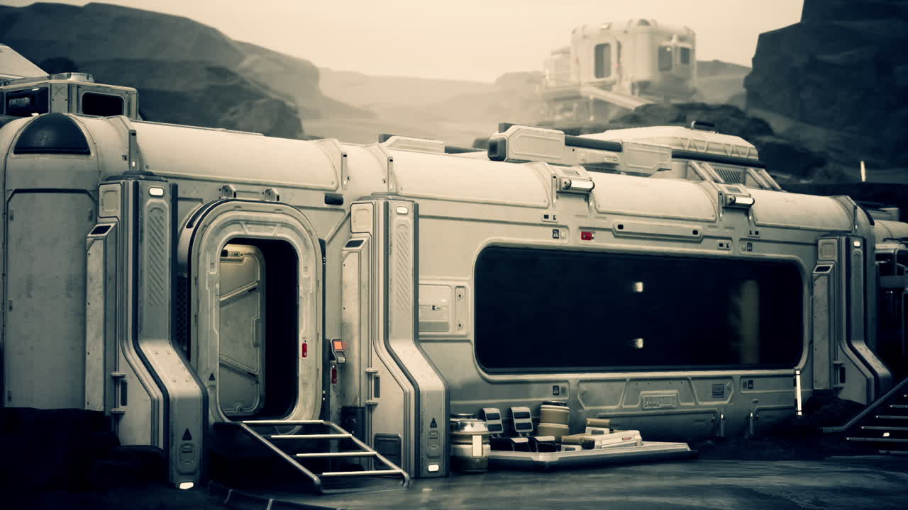 футуристическая космическая база на пустынной планете.