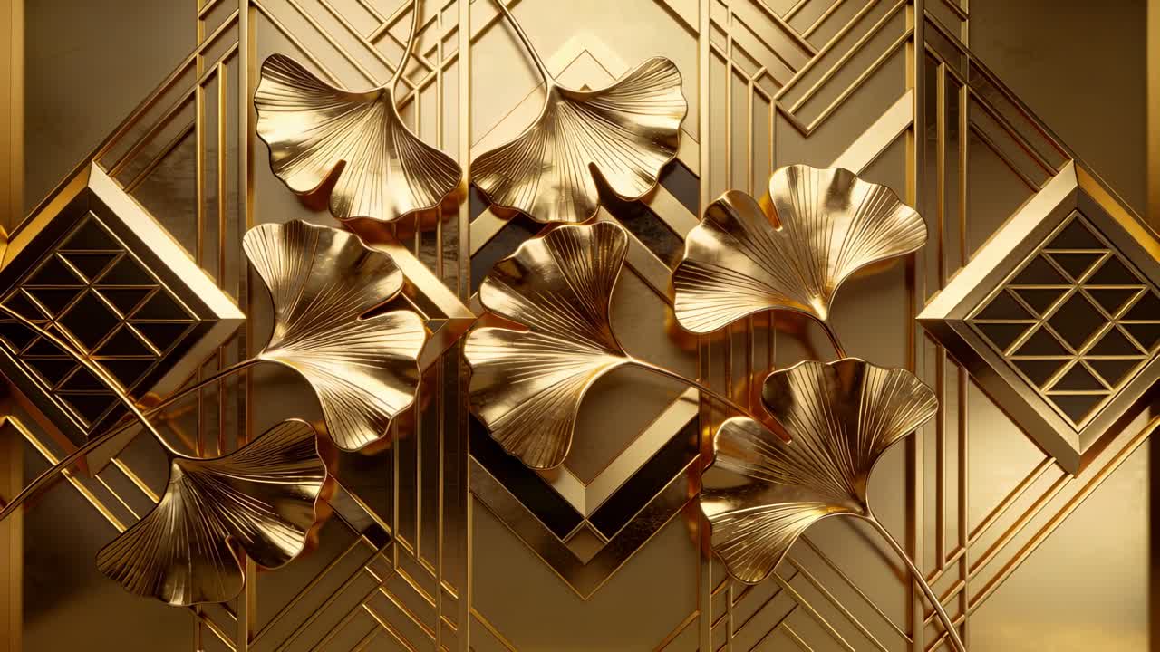 Cámara alejándose, revelando hojas de ginkgo doradas pulidas en un panel Art Déco, con reflejos cambiantes.