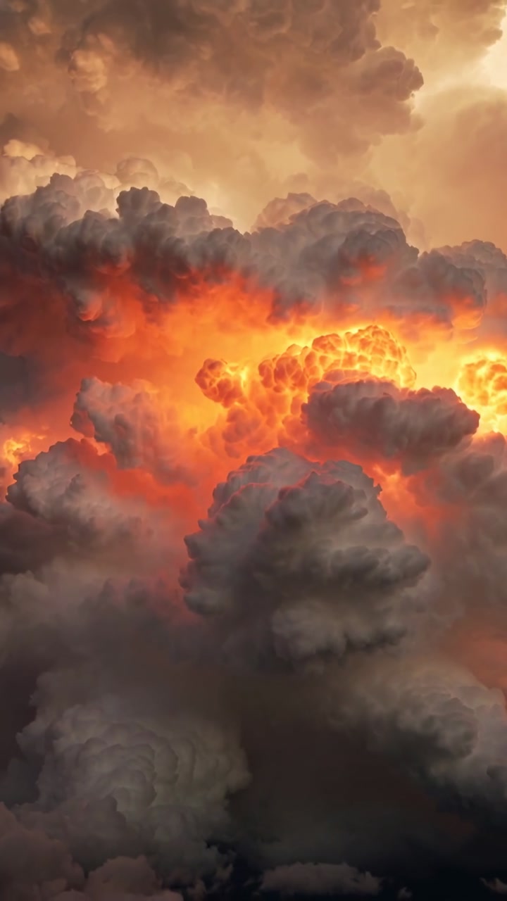 Vertical video: Swelling storm column pulsing and showing glowing core in sky after lightning