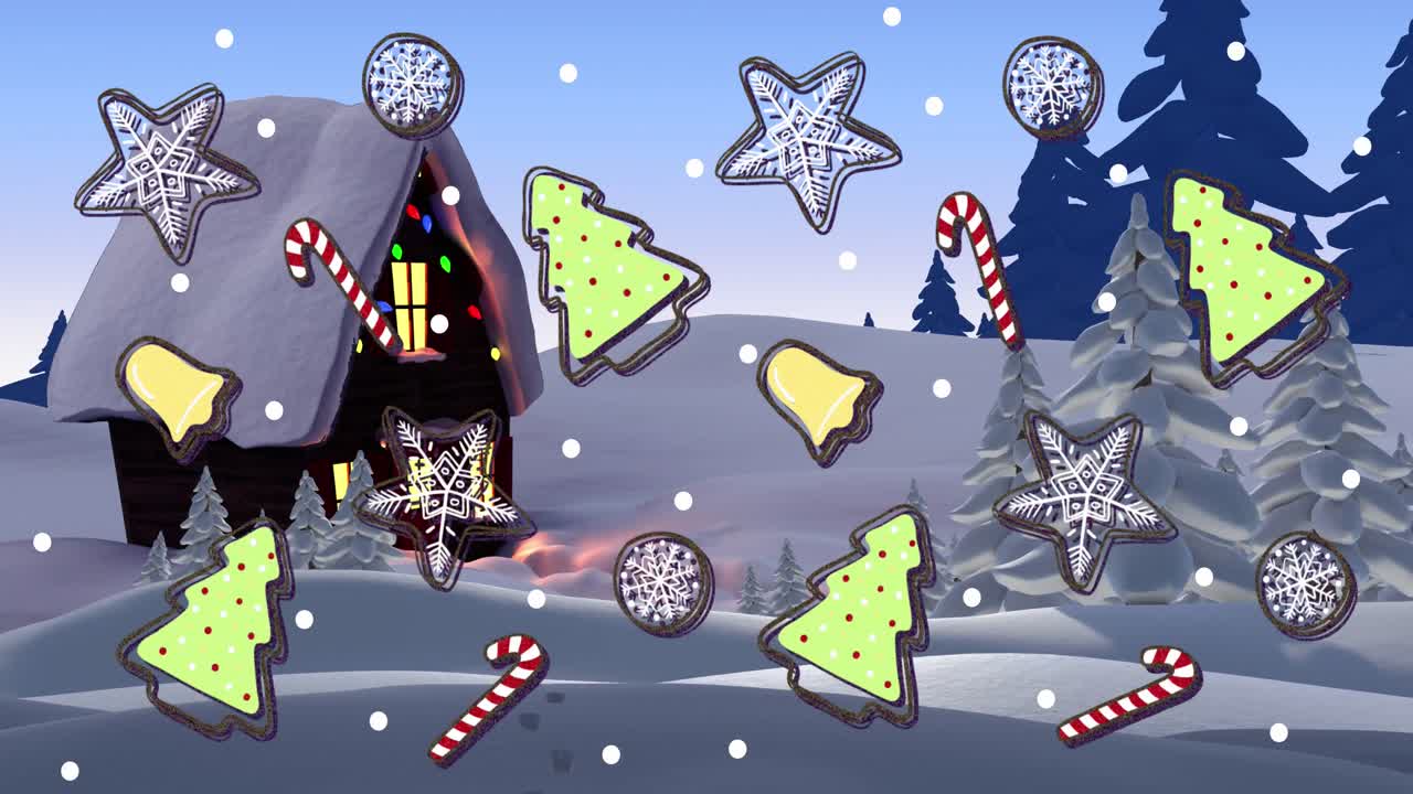 Animation of snow falling and sweets at christmas over house