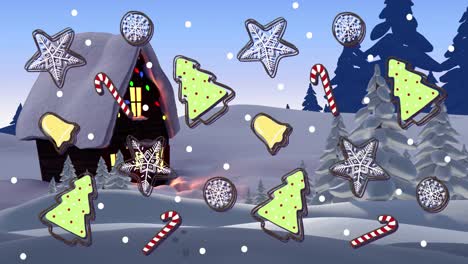 Animation-of-snow-falling-and-sweets-at-christmas-over-house