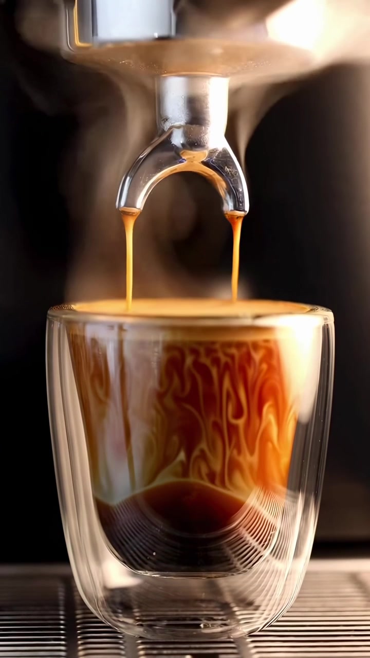 Caffè espresso fresco che gocciola in un bicchiere a doppia parete