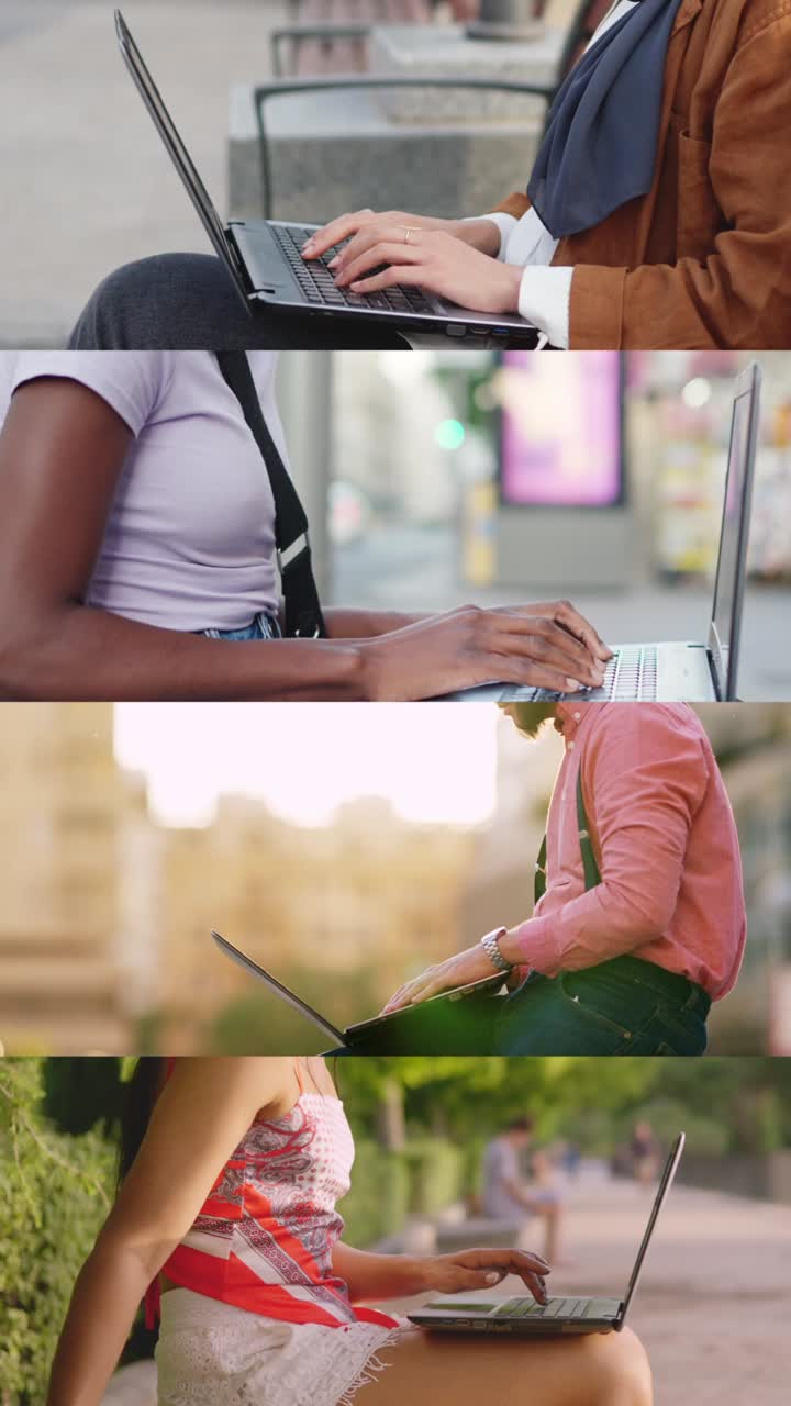People working on laptops outdoors