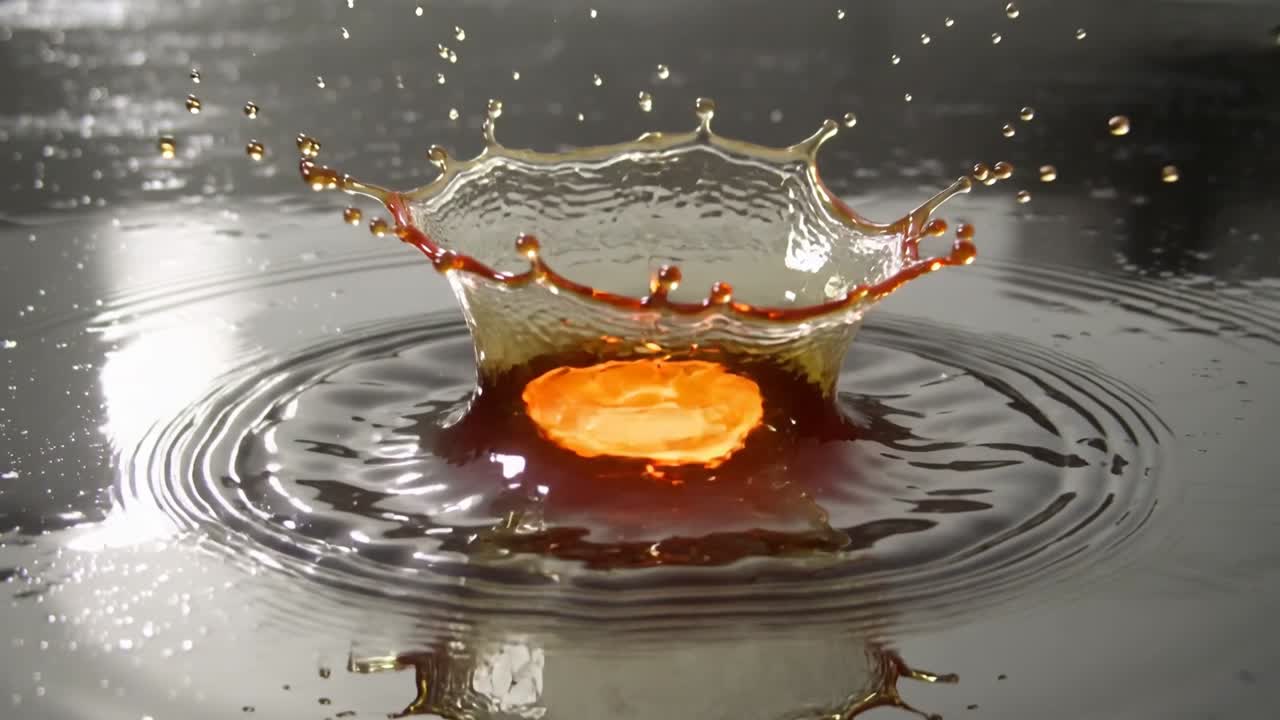 Ein goldener Tropfen löst sich von einer Düse und trifft auf einen schwarzen Pool, bildet eine Krone und erzeugt Ringe.