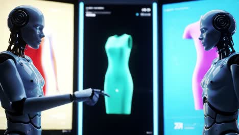 exploring fashion innovation: two robots interacting with virtual clothing displays in a futuristic environment, showcasing advanced technology and design concepts