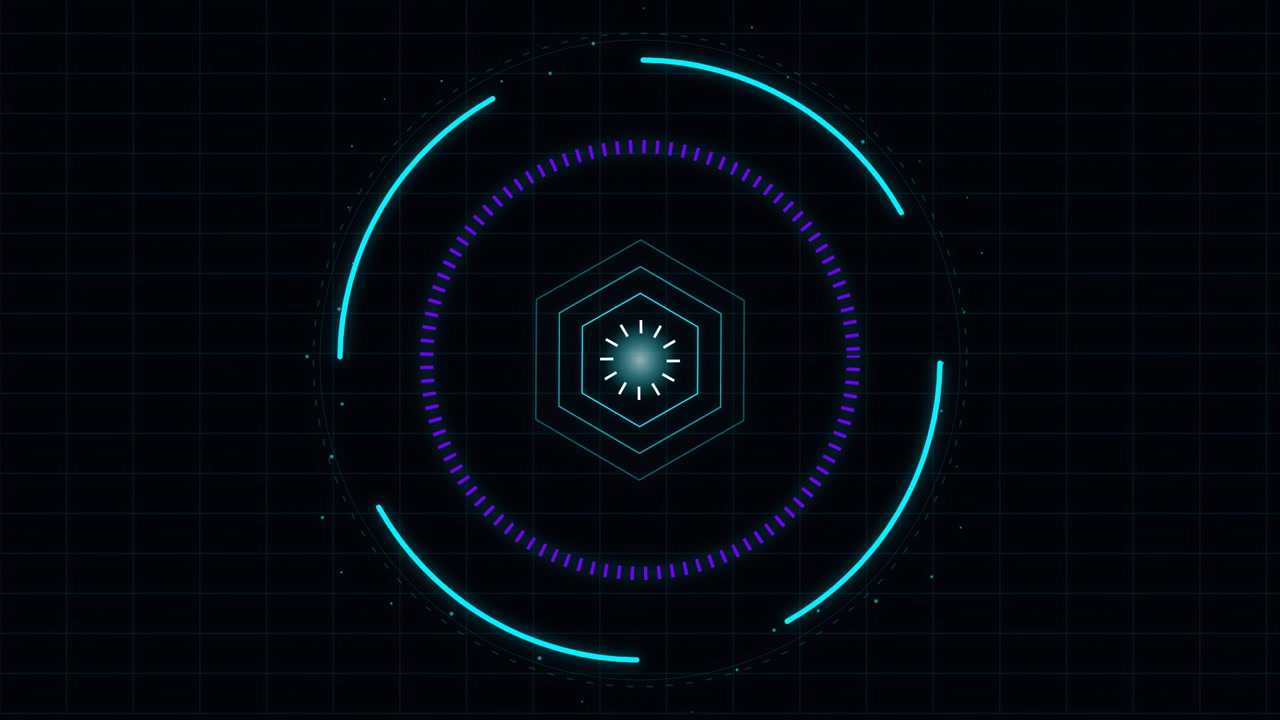 Futuristic Digital HUD Interface with Rotating Hexagonal Elements
