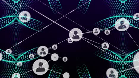 Animation-of-network-of-profile-icons-over-kaleidoscopic-patterns-against-black-background