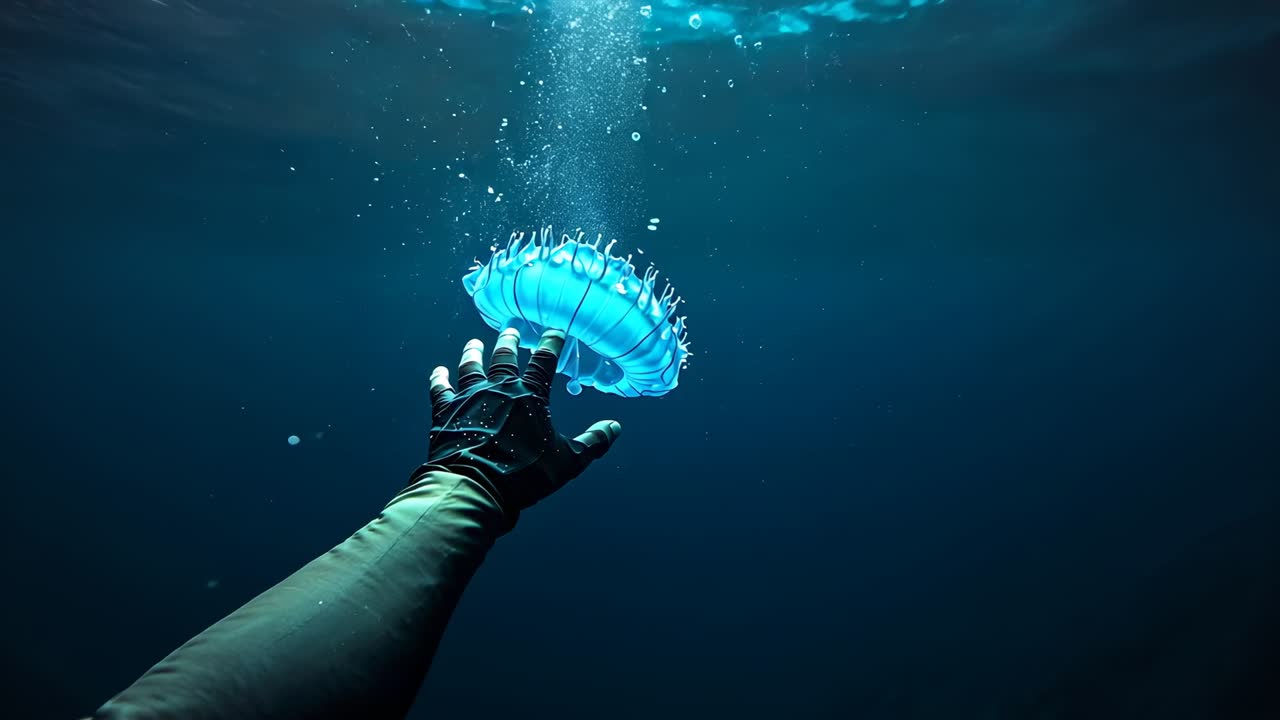 Entering frame, gloved diver's arm reaching and observing jellyfish mid-water, bubbles streaming