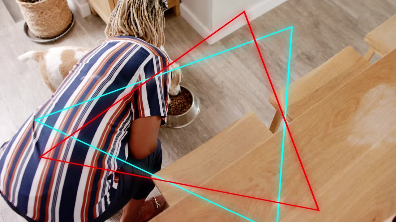 Caregiver entering carrying bowl placing, feeding dog as red cyan triangles shifting beside her