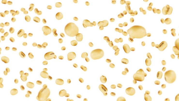 Molti semi di soia che volano su sfondo bianco. Grani marrone chiaro. Fagioli di soia e soia. Cibo sano. Animazione 3D in loop di semi di soia che ruotano